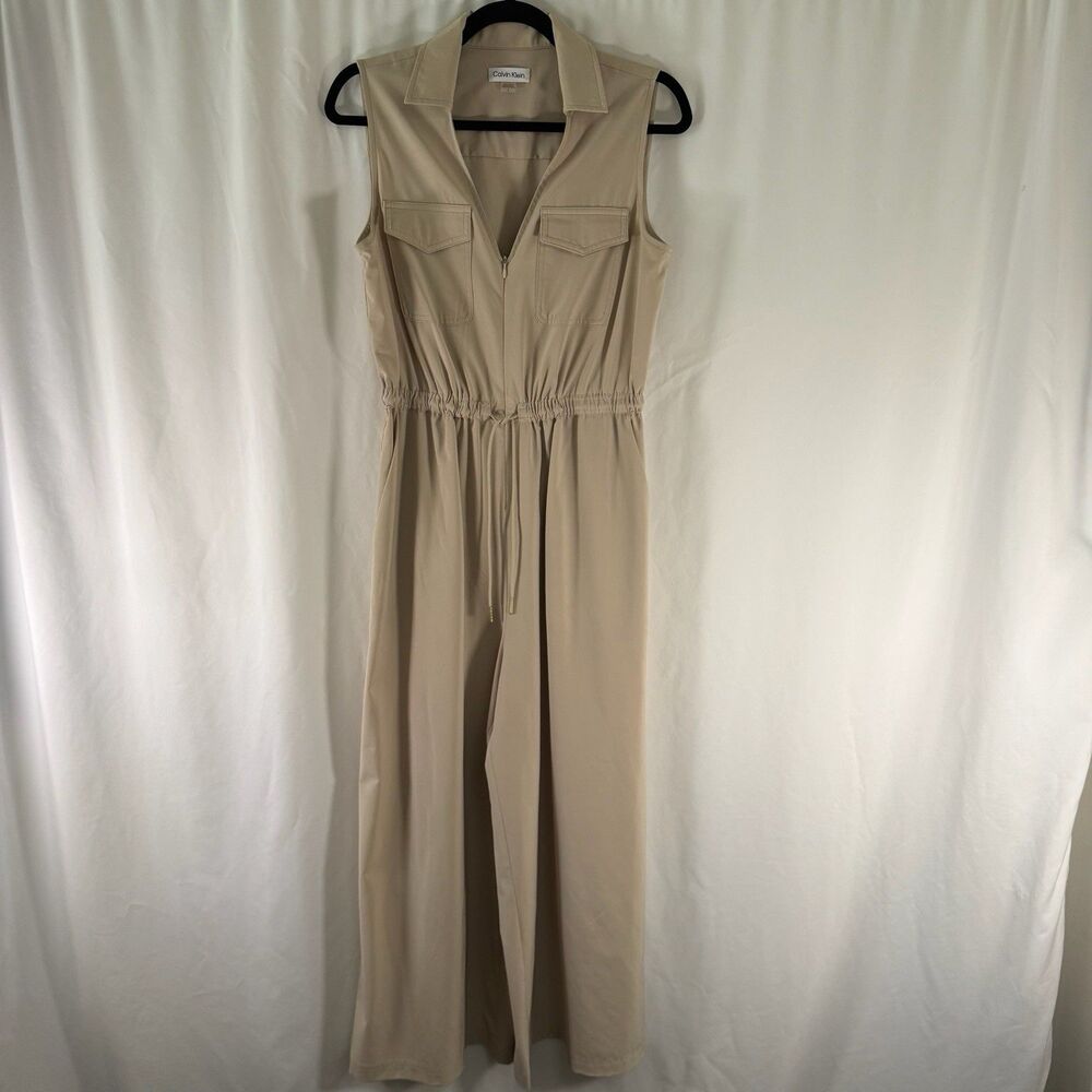 Calvin Klein Jumpsuit Women's 6 Beige Front Zip Drawstring Sleeveless Wide Leg